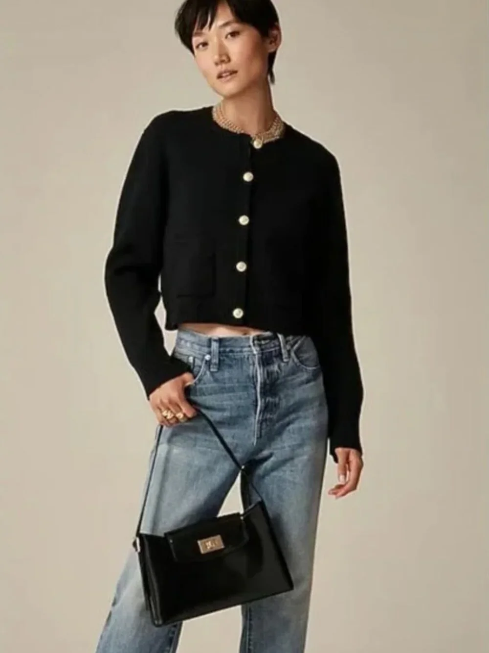 NWT J.Crew Relaxed Emilie Sweater Lady Jacket in Black Solid Cardigan L